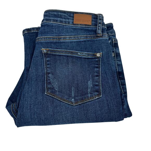 Judy Blue Jeans Womens  9 /29 (30x31 ACTUAL) Slim Bootcut Distressed Blue Denim - Picture 1 of 9